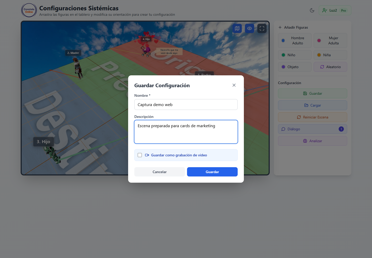 Modal para guardar configuraciones de escena