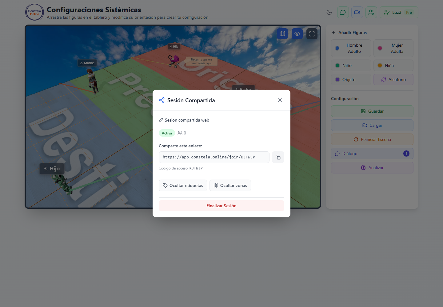 Modal de sesión compartida de Constela Online