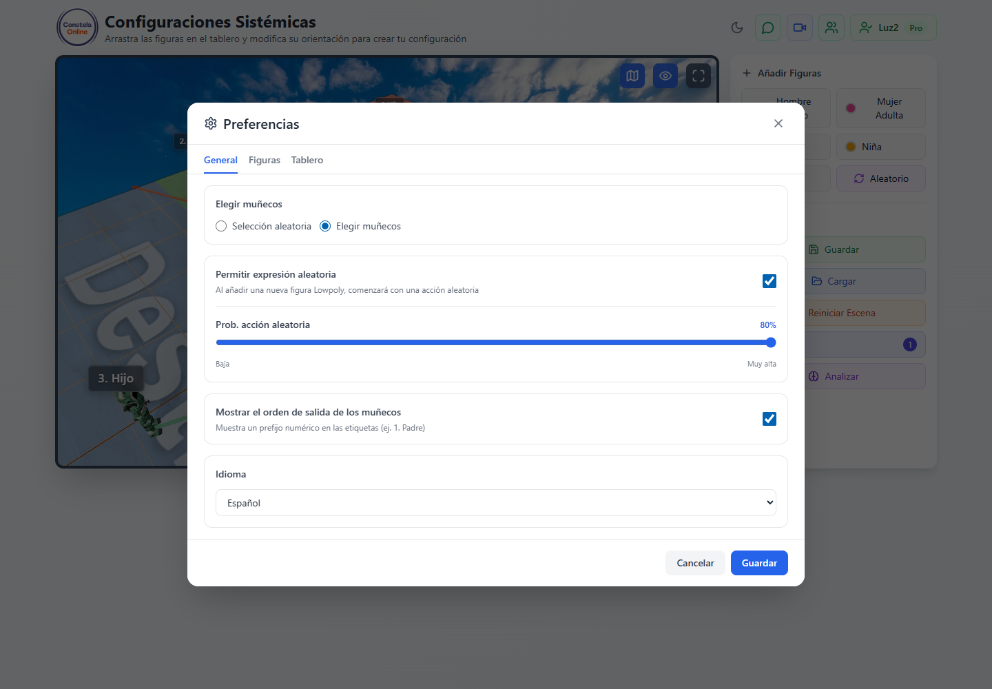 Pantalla de preferencias con selector de idioma