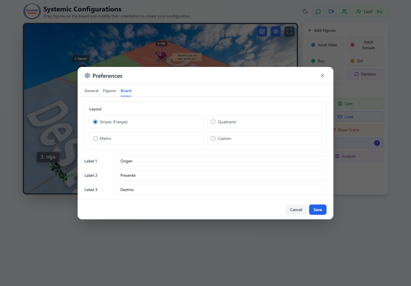 Pantalla de preferencias para configurar zonas del tablero